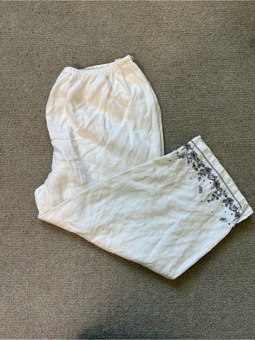 Norton McNaughton Size XL 100% Linen Floral Pants White Pull On Straight Leg